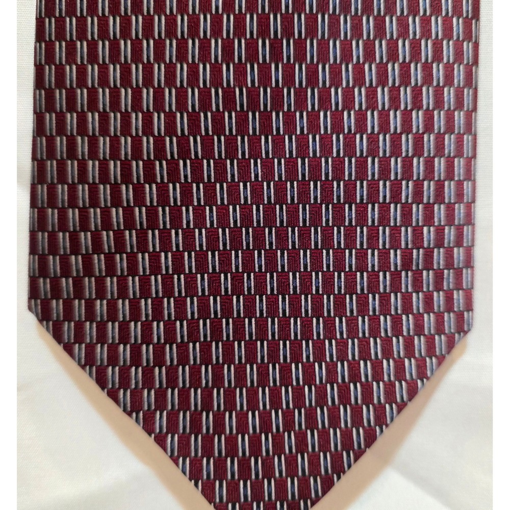 Carlo Palazzi Mens Silk Necktie Burgundy Blue Geometric Micro Pattern Hand Made - Picture 2 of 4